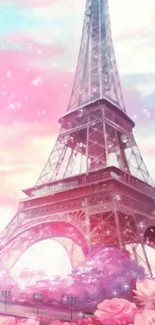 Dreamy Eiffel Tower in pastel pink hues with romantic ambiance.