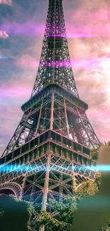 Stylized Eiffel Tower with colorful neon lights.