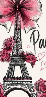 Illustration of Eiffel Tower with roses and a pink bow.