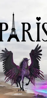 Purple Pegasus with Paris text and Eiffel Tower in the background.