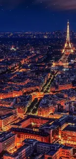 Illuminated Eiffel Tower overlooking Paris at night.