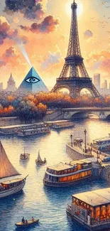 Fantasy Paris river view with Eiffel Tower and surreal elements.