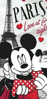 Paris wallpaper with cartoon characters and red hearts.