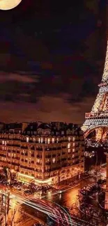 Eiffel Tower under moonlight in Paris nightscape, city lights glowing.