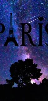 Paris night sky wallpaper with stars and silhouetted trees.