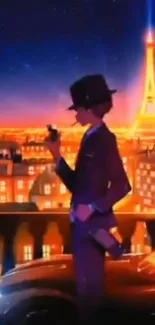 Gentleman silhouette with Paris skyline and Eiffel Tower at night.