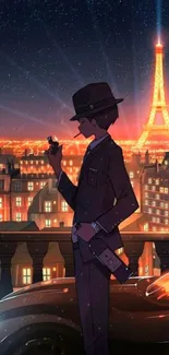 Anime art featuring Eiffel Tower under night sky, Parisian street view.