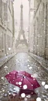 Romantic Paris street with Eiffel Tower and purple umbrella on a rainy day.