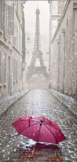 Paris rainy street with red umbrella and Eiffel Tower.