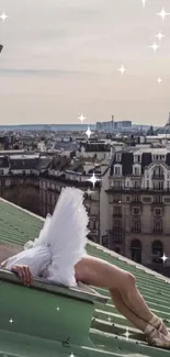 Ballerina on a Paris rooftop with Eiffel Tower.