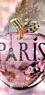 Paris themed pink apple wallpaper with Eiffel Tower motif.