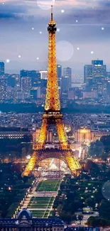 Eiffel Tower illuminated against the Paris evening skyline with city lights.