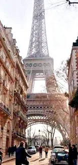 Paris street view with Eiffel Tower in background.