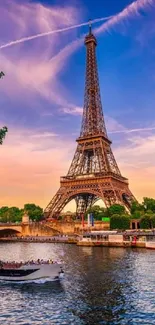 Eiffel Tower with Paris sunset view over Seine River.