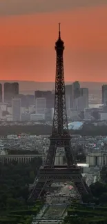 Eiffel Tower at sunset with Paris skyline in the background creating a serene view.