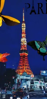 Paris tower with butterflies at night, vibrant cityscape.