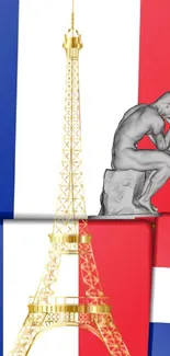 Parisian art wallpaper with Eiffel Tower and statue, set on French flag colors.