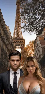 People in front of Eiffel Tower on Parisian street.