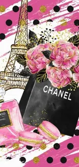 Paris fashion aesthetic wallpaper with Chanel, Eiffel Tower, and pink florals.