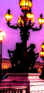 Illuminated Parisian street lamps against a purple evening sky.