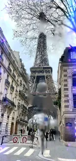 Eiffel Tower viewed from a Parisian street, surrounded by historic buildings.