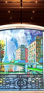 Colorful view of Paris from a window, highlighting the Eiffel Tower.