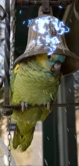 A parrot sits inside a rustic metal bell against a natural backdrop.