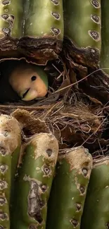 Parrot nestled in a cactus, exotic mobile wallpaper.