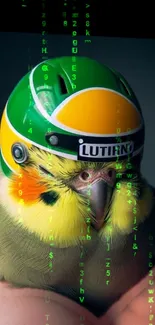 Quirky parrot wearing a helmet against digital background.