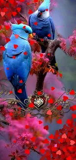 Colorful parrot wallpaper with hearts and blossoms for mobile.