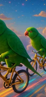 Green parrots riding bicycles in a colorful sky