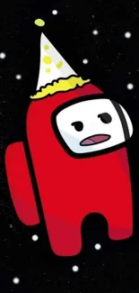 Red character with a party hat on a black starry background.