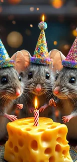 Party mice wearing hats celebrate with cheese and candle.