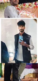 Person in mirror with floral background at event.