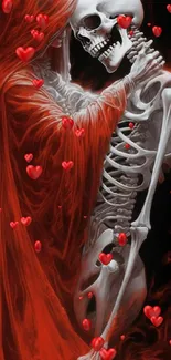 Skeleton embraced by robed figure with red hearts.