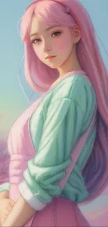 Pastel artwork of a girl with pink hair in a soft, serene background.