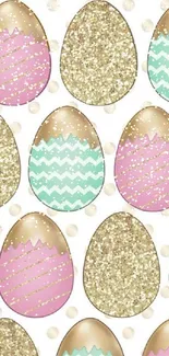 Pastel Easter eggs with gold glitter pattern design.