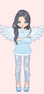 Pastel wallpaper with angel girl character and wings, set on a soft pink background.