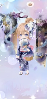 Anime character with floral pastel wallpaper design.