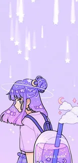 Anime girl with purple hair in a starry sky background wallpaper.