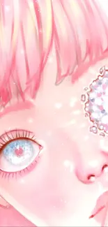 Anime girl with pastel pink hair and intricate eye design.