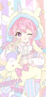 Kawaii anime character with pastel colors and unicorn theme.