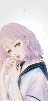 Anime girl with lavender hair and soft colors in floral background.