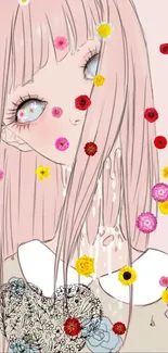 Pastel anime girl with colorful flowers.