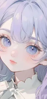 Anime girl with lavender hair and large blue eyes, in a pastel theme.