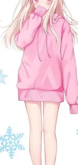 Anime girl in pink hoodie with snowflakes background.