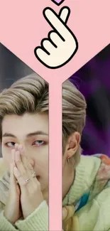 K-Pop idol with hand heart gesture on pink background.