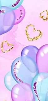 Pastel balloons with glitter hearts wallpaper.