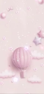 Pastel pink mobile wallpaper with a balloon and clouds.