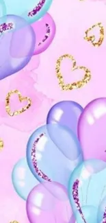 Pastel balloons with sparkling hearts on pink background.